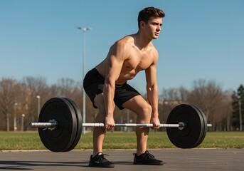 Gym fitness weightlifting deadlift man bodybuilding powerlifting at an outdoor summer health club. Bodybuilder doing barbell weight lifting training workout with heavy bar