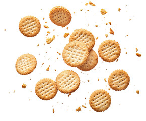 Flying crackers: A dynamic overhead shot of golden, crispy crackers frozen mid-air, highlighting their enticing textures and captivating shape.