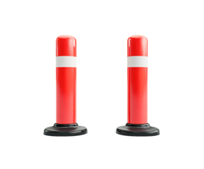 Road safety markers: Two vibrant red and white road bollards stand as vigilant sentinels, defining boundaries and ensuring order. Each sturdy bollard is a silent guardian of pathways.
