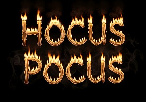 Burning Hocus Pocus text with flames and smoke on a dark background for Halloween