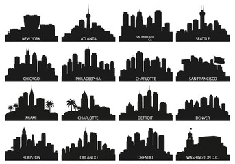 Naklejka premium Vector silhouettes of city skylines including New York, Atlanta, Cincinnati, Seattle, Chicago, Philadelphia, Charlotte, San Francisco, Miami, Detroit, Denver...