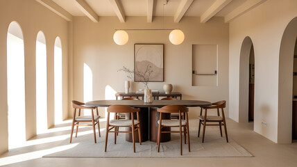 Sunlit dining room with arched windows and modern furniture