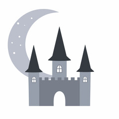 Cartoon Castle with Towers and Moon, Gray Scale Illustration