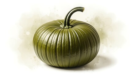 Elegant green pumpkin illustration with watercolor accents, perfect for fall designs, seasonal promotions, and rustic farmhouse decor projects, adding a touch of autumnal charm