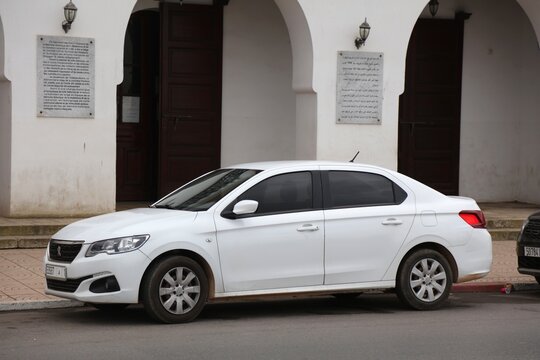 EL JADIDA, MOROCCO - FEBRUARY 23, 2022: Peugeot 301 economy sedan car after facelift parked in public street of El Jadida, Morocco.