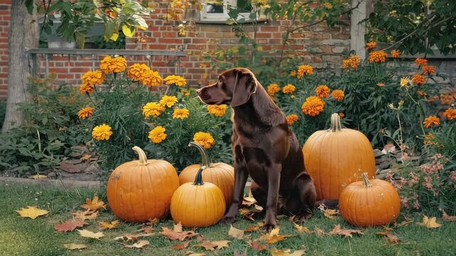 Chocolate labrador enjoying autumn day surrounded by pumpkins and marigolds in garden
