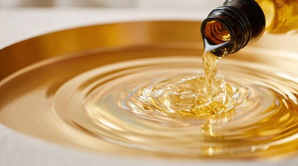 Golden liquid streams from bottle creating ripples in a luxurious golden pool, evoking elegance.