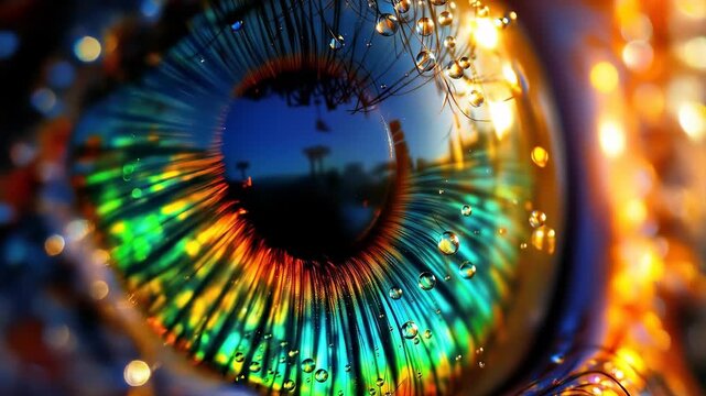 Macro Shot of a Colorful Human Eye with Water Drops