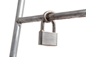 Silver padlock secured to metal bar isolated on transparent background