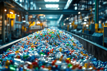 Obraz premium A large pile of plastic bottles is sorted in a recycling facility, showcasing the importance of environmental sustainability and waste management