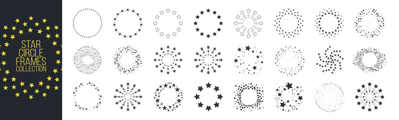 Star Circle Frame, Round Emblem with Abstract Decoration, Stardust Sparkle Ornament, Simple Geometric Border on Transparent Background