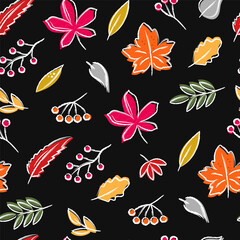 Autumn hand drawn colorful chalked leaves berries  doodle brush seamless pattern. Trendy modern background print wrapping paper, fabric, wallpaper.