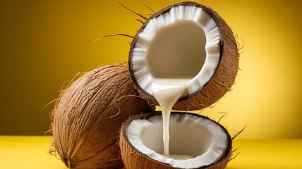 halved coconut with milk pouring out on a yellow background studio shot
