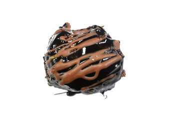 round small gateau topped with chocolate, Gateau bites are small bite-sized portions of cake, made of various cake flavors and fillings, miniature cakes, Eclairs, mille feuille and sponge cake