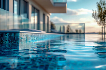 Fototapeta premium A stunning infinity pool reflects the vibrant colors of sunset, showcasing contemporary design and serene surroundings with clear water