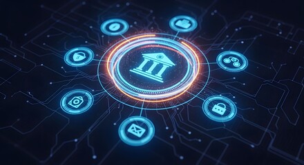 Glowing classical bank icon surrounded by digital interface elements representing finance, on a blue futuristic background, concept of digital banking