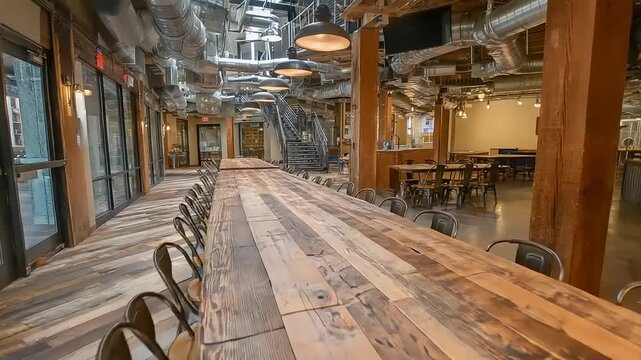 Long wooden table in a large open-plan space.