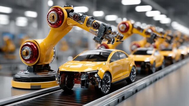 Automated Assembly Line: The sleek robotic arms work seamlessly on assembling of vibrant yellow car on a conveyor belt within a modern factory. The scene captures the precision, innovation.
