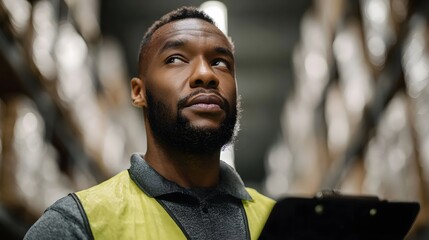 A worker checking inventory on a clipboard in a storage warehouse