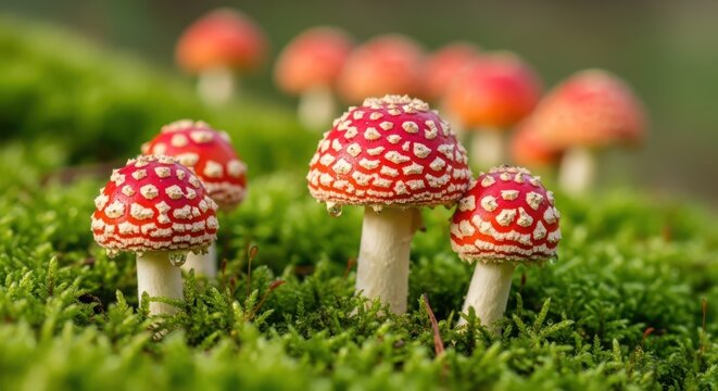 A group of fly agaric mushrooms with red caps and white spots on moss