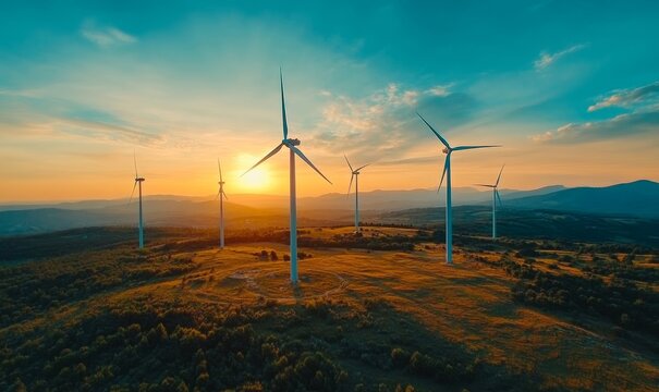 Scenic view of multiple wind turbines in a field, symbolizing renewable energy and sustainable living, with turbines standing tall against a serene, peaceful background, promoting clean, Generative AI