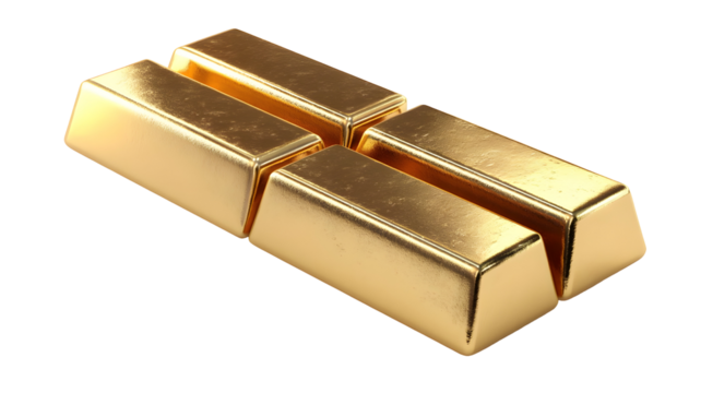 Four shiny gold bars arranged in a cross shape isolated on transparent background
