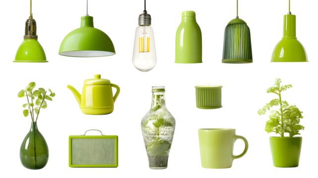 Collection of green objects and lighting fixtures isolated on transparent background