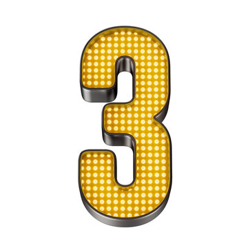 N&uacute;mero tr&ecirc;s com LEDs dourados, letreiro met&aacute;lico 3D, fundo transparente. Especial Ofertas de Black Friday.