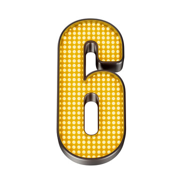 Number six with gold LEDs, 3D metallic lettering, transparent background. Special Black Friday Offers.