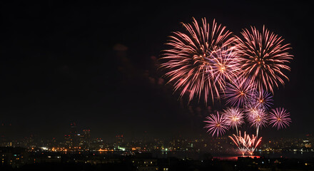 Spectacular Fireworks Display Illuminating the Night Sky Above a Dazzling City Skyline with Reflections on Water