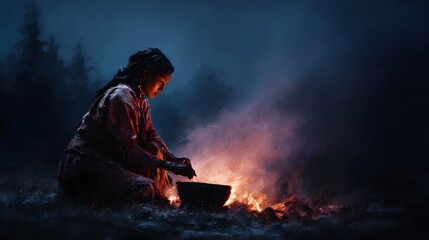 Native woman crafting by the campfire in a traditional setting
