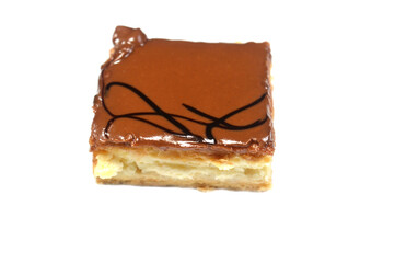 chocolate Mille-feuille with crunch cream, Gateau bites are small bite-sized portions of cake, made of various cake flavors and fillings, miniature cakes, Eclairs, mille feuille and sponge cake