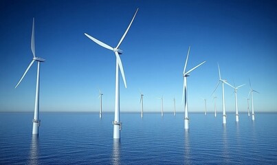 Scenic view of multiple wind turbines in a field, symbolizing renewable energy and sustainable living, with turbines standing tall against a serene, peaceful background, promoting clean, Generative AI
