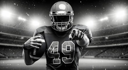 Football Player with an orange uniform coming out of a stadium tunnel. American football player is celebrating