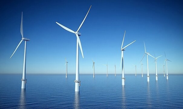 Scenic view of multiple wind turbines in a field, symbolizing renewable energy and sustainable living, with turbines standing tall against a serene, peaceful background, promoting clean, Generative AI - Powered by Adobe