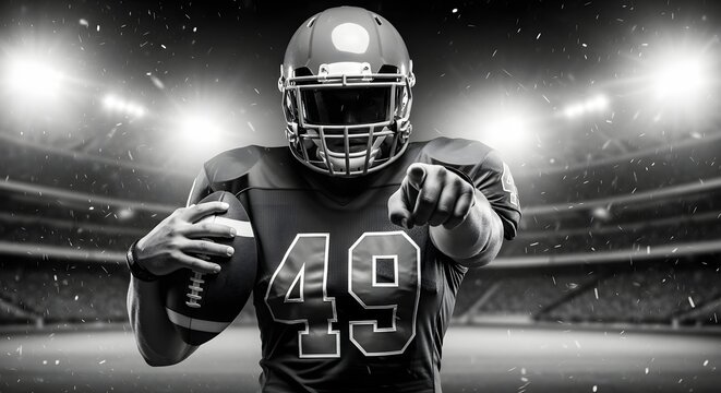 Football Player with an orange uniform coming out of a stadium tunnel. American football player is celebrating
