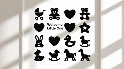Black Silhouette Icons of Baby Items and Toys with Text " Welcome Little One" on a Blurred Background