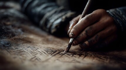 Obraz premium Hand painting tribal symbols on a hide