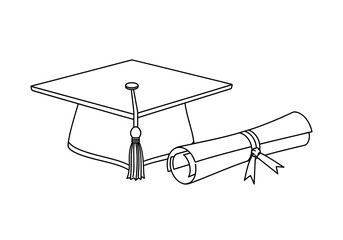 A black and white line art illustration of a graduation cap with a tassel next to a rolled diploma scroll.
