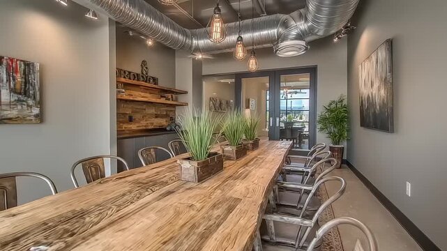 Rustic wooden dining table in a modern interior space.