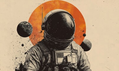 Space exploration collage art, with an astronaut surrounded by celestial bodies, representing humanitys venture into the vast universe, inspiring the imagination and awe of the cosmos, Generative AI