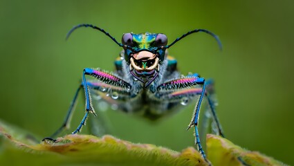 Close up macro insect bug beetle tiger beetle wildlife nature arthropod colorful iridescent dew drops