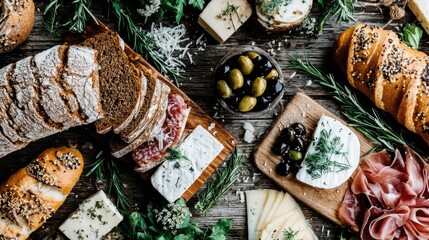 A selection of gourmet breads, cheeses, and cured meats arranged artfully on a rustic wooden table, showcasing a vibrant and appetizing array of food.