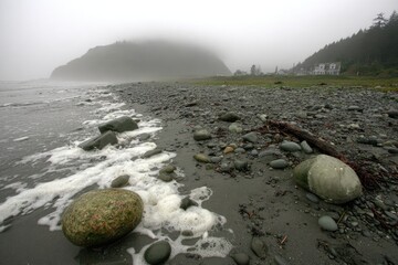 Foggy coastal scene with dark sand and rocks