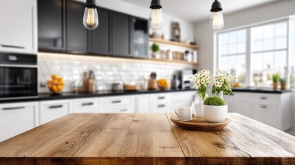 A rustic wooden table in a modern kitchen setting with a bouquet of daisies and other decorative elements.