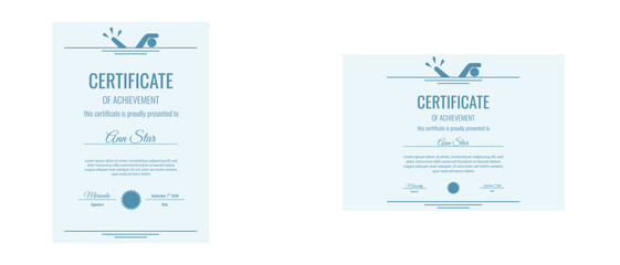 Certificate. Vector illustration set of swimming school Certificate template design. Perfect simple style Certificate diploma award layout for swim. EPS 10