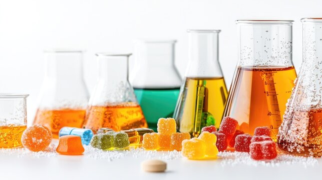 A vibrant collection of creatine gummies and colorful liquids in laboratory glassware, showcasing the fusion of science and nutrition for fitness enthusiasts and health-conscious individuals.