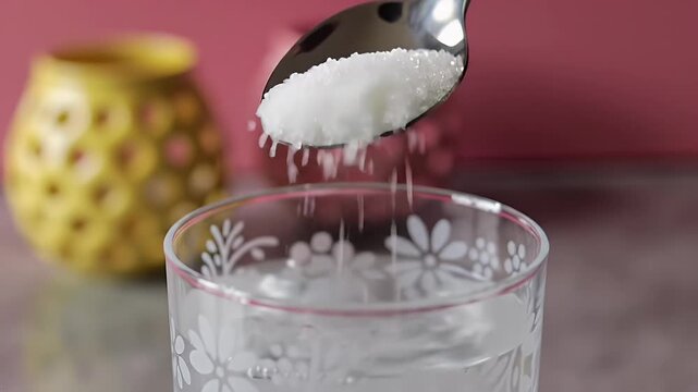 Sugar Being Poured Into Glass of Water with Yellow Vase and Pink Wall in Soft Lighting