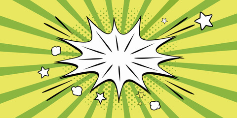 A vibrant comic book-style explosion graphic. Bright, lime green radiating outward from a central white burst. The background is filled with radiating lines and a dotted effect, adding to the dynami