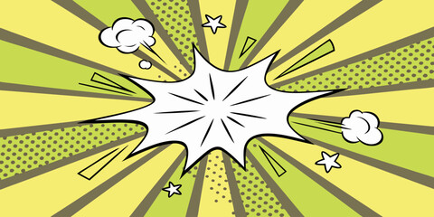 A vibrant comic book-style explosion graphic.  Bright, lime green radiating outward from a central white burst.  The background is filled with radiating lines and a dotted effect, adding to the dynami
